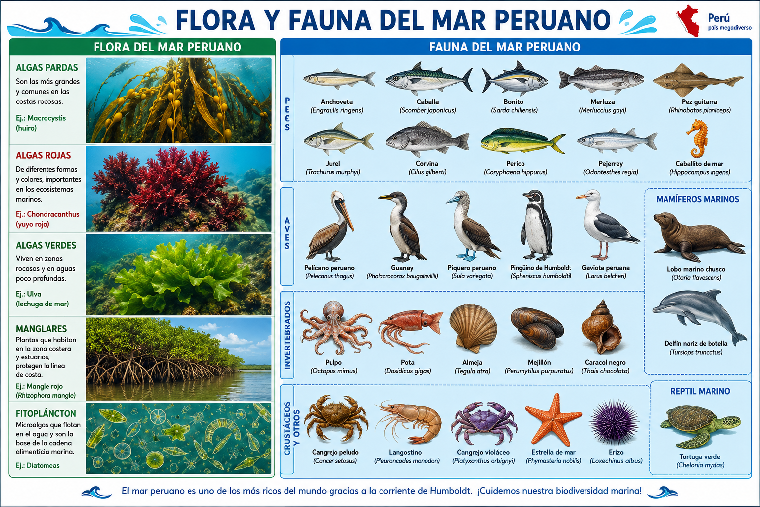Flora y Fauna del Mar Peruano: Lámina Educativa para Imprimir