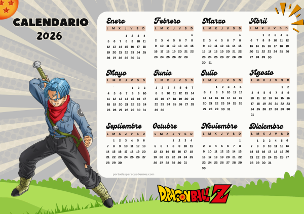 Calendario 2026 de Dragon Ball