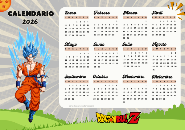 Calendario 2026 de Dragon Ball