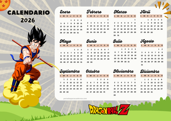 Calendario 2026 de Dragon Ball