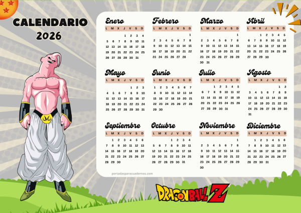 Calendario 2026 de Dragon Ball