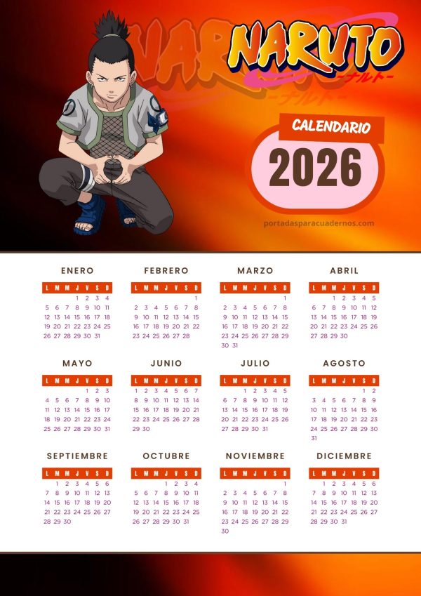 Calendario 2026 de Naruto