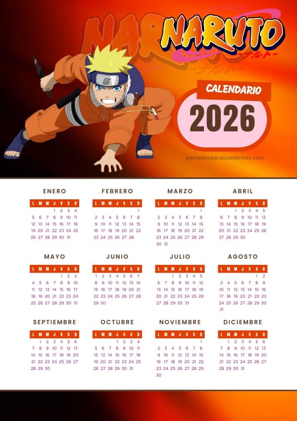 Calendario 2026 de Naruto