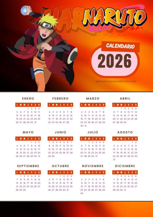 Calendario 2026 de Naruto