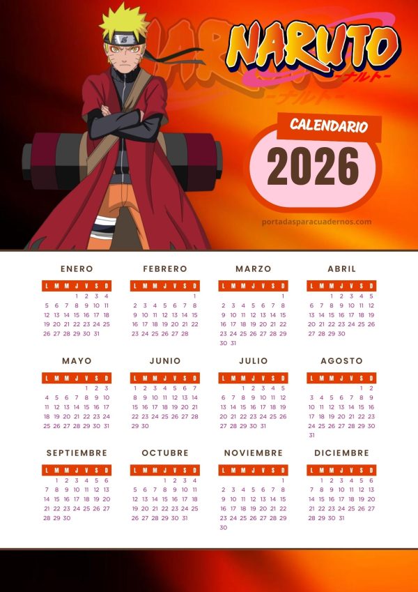 Calendario 2026 de Naruto
