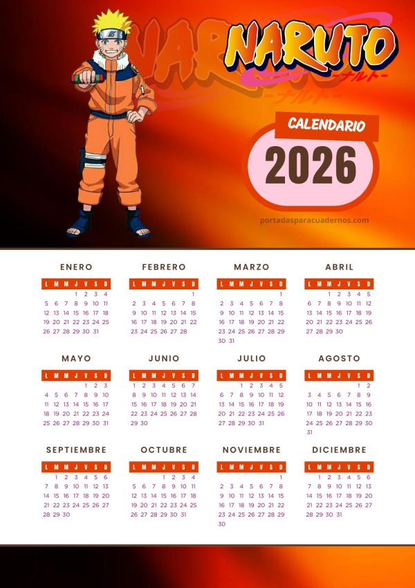 Calendario 2026 de Naruto