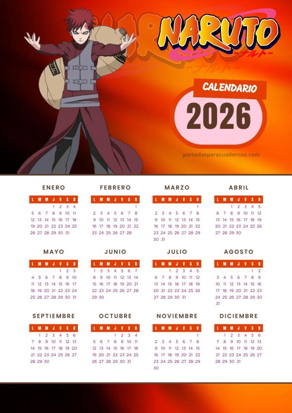 Calendario 2026 de Naruto