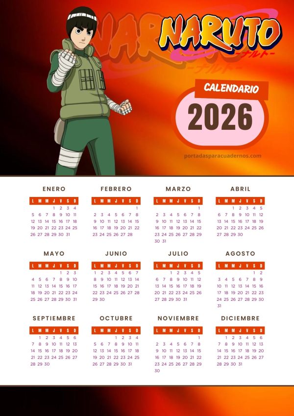 Calendario 2026 de Naruto
