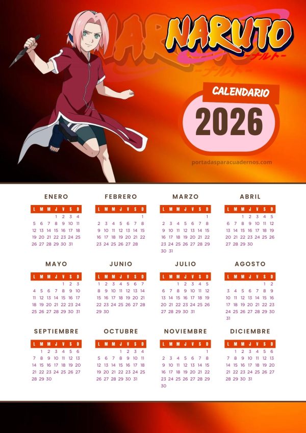 Calendario 2026 de Naruto
