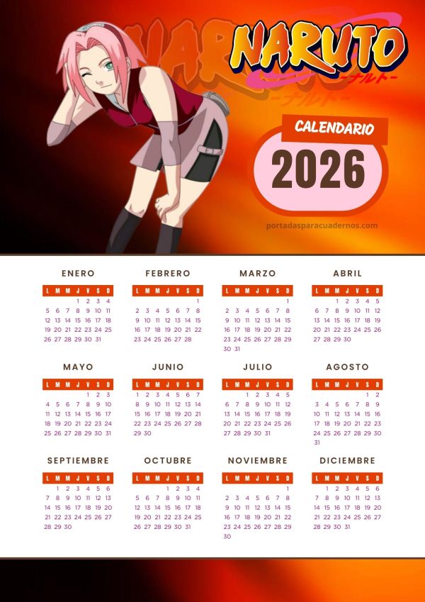 Calendario 2026 de Naruto