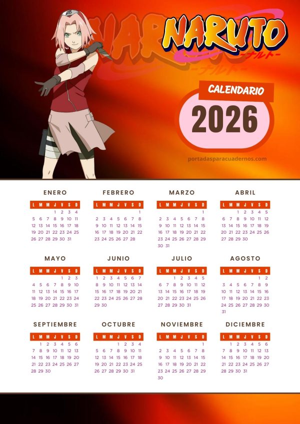 Calendario 2026 de Naruto