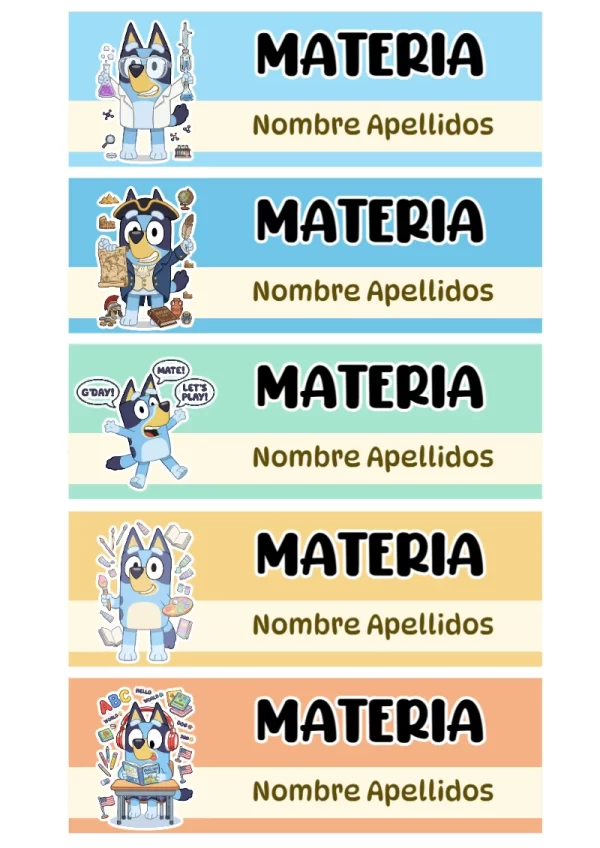 Etiquetas personalizadas de Bluey Perro Perrito Escolares para imprimir en A4 - ideal para el nuevo año escolar