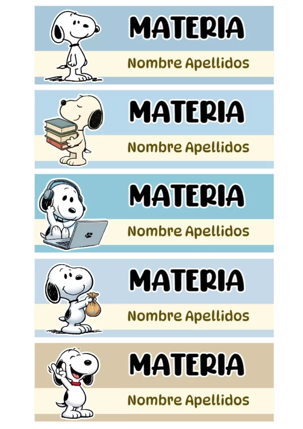 Etiquetas personalizadas de Etiquetas Escolares para Cuadernos de Snoopy Perrito para imprimir en A4 - diseño escolar moderno