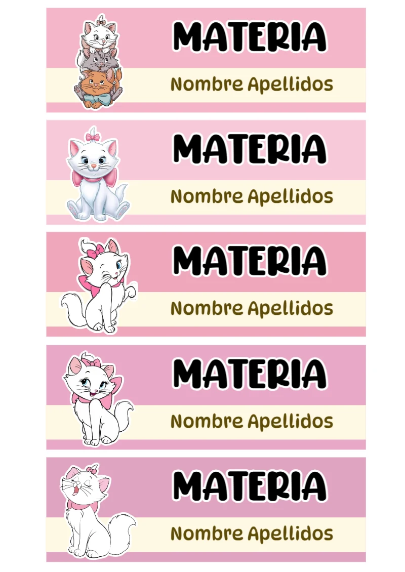 Etiquetas personalizadas de Gatita Marie para imprimir en A4 - diseño escolar moderno