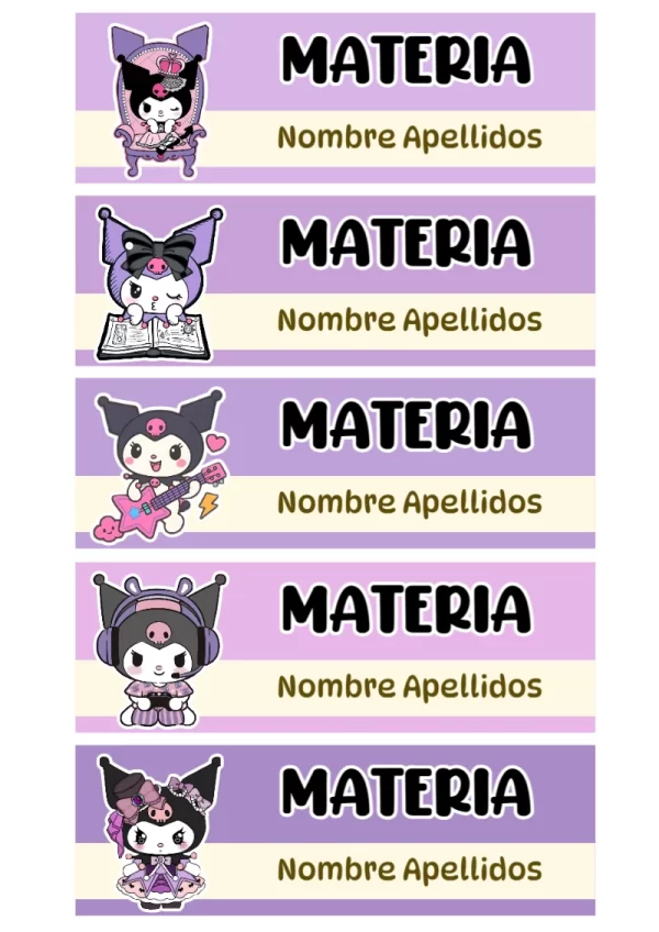 Etiquetas de Kuromi para cuadernos y útiles escolares - para personalizar tus materias