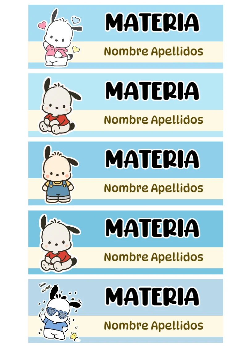 Etiquetas personalizadas de Pochacco para imprimir en A4 - estilo único para estudiantes