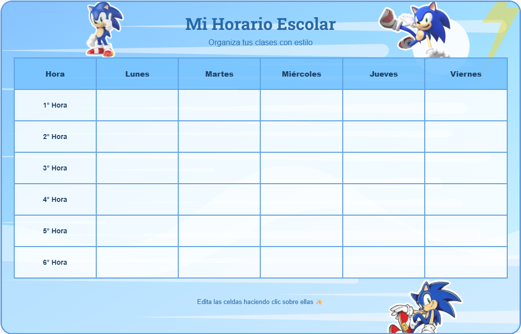 Horario de Sonic para Imprimir Gratis