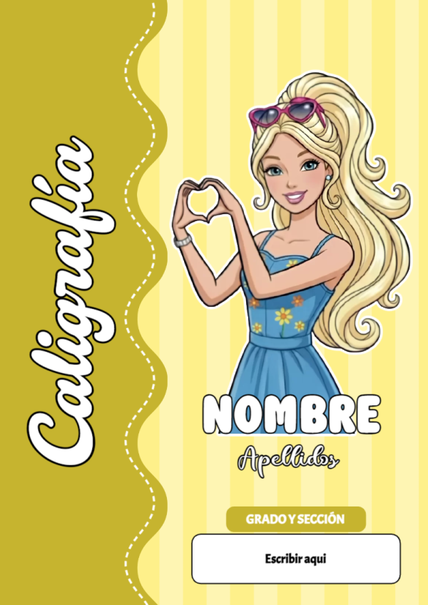 Portada de Barbie de Caligrafía para cuaderno para primaria - con colores vivos y llamativos