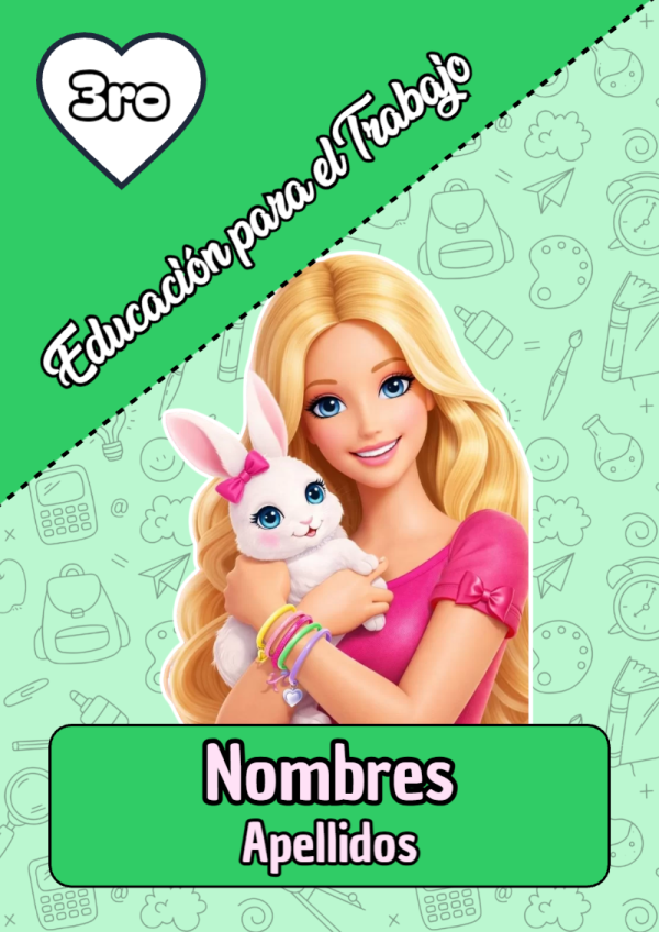 Portada de Barbie de Educación para el Trabajo para cuaderno en formato A4 - creación especial de Mini Canva