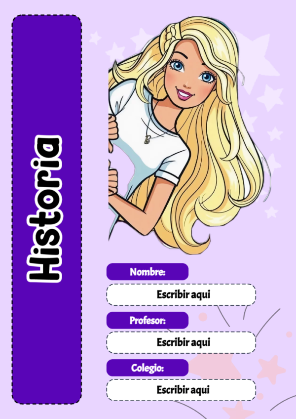 Portada de Barbie de Historia para cuaderno llamativa y bonita - creación especial de Mini Canva