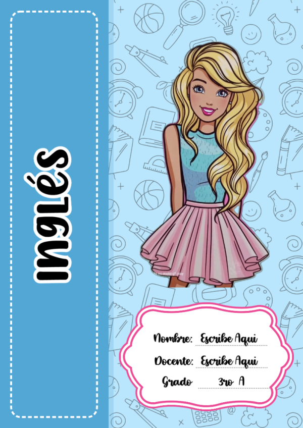 Portada de Barbie de Inglés para cuaderno con diseño escolar - con colores vivos y llamativos