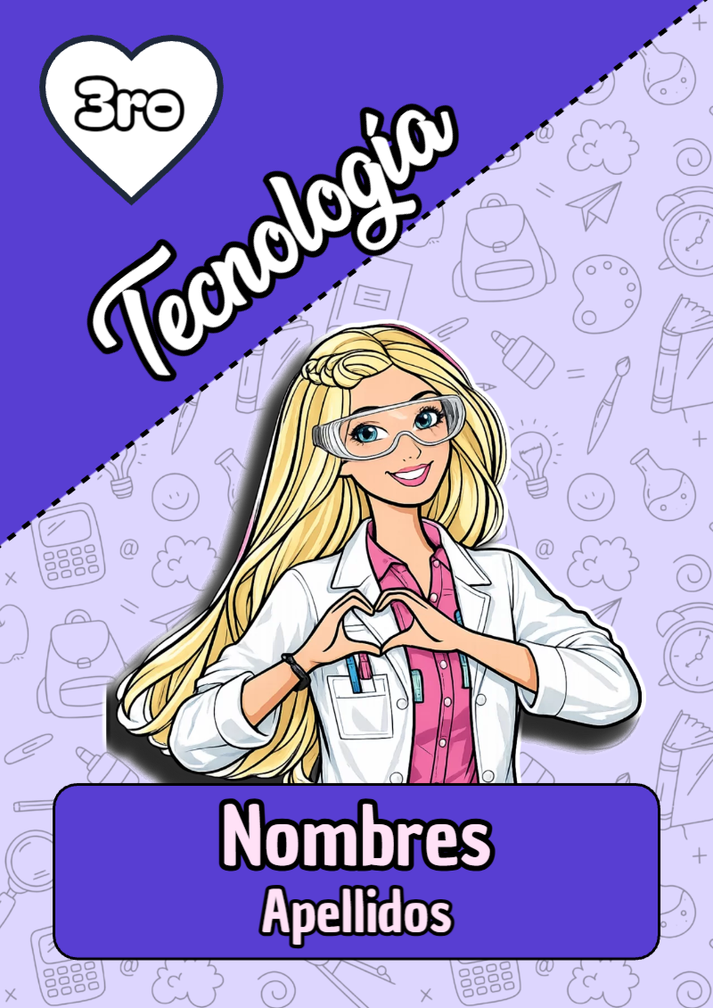 Portada de Barbie de Tecnología para cuaderno para clases - con colores vivos y llamativos