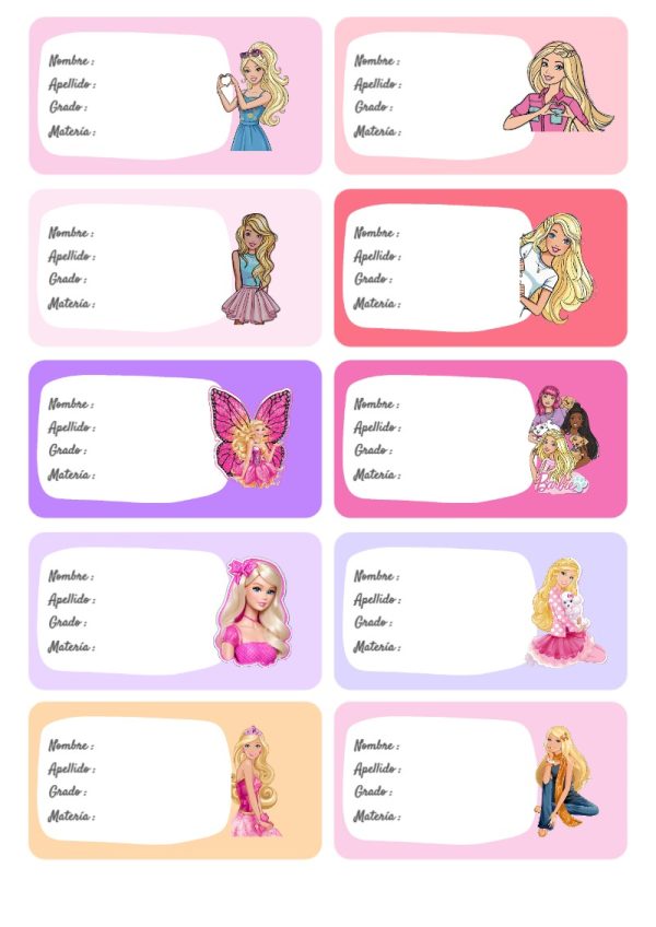 Etiquetas de BARBIE para cuadernos y útiles escolares - diseño exclusivo y original