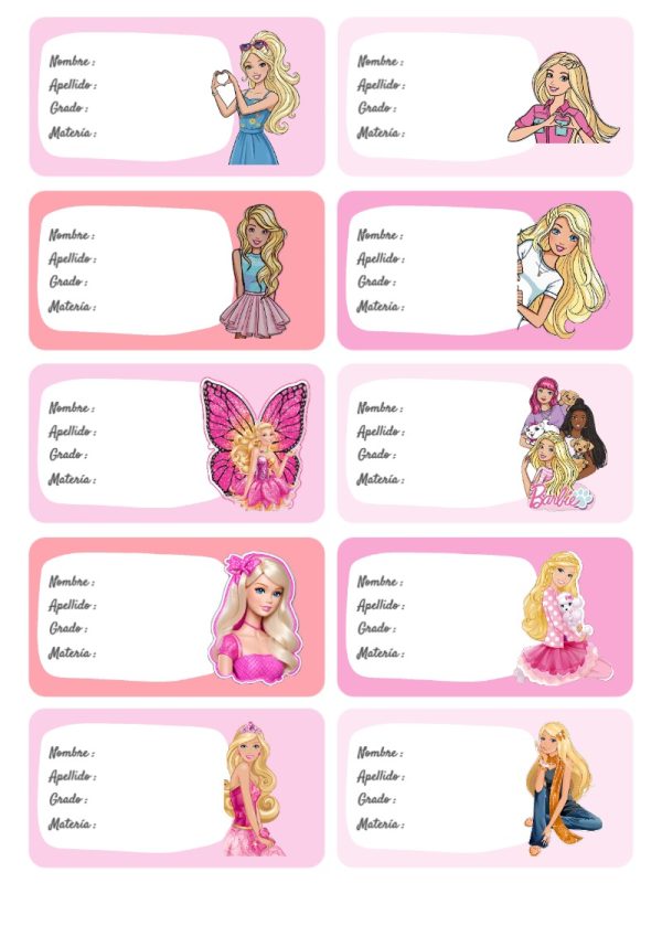 Etiquetas escolares de BARBIE bonitas para imprimir - ideal para cuadernos de espiral