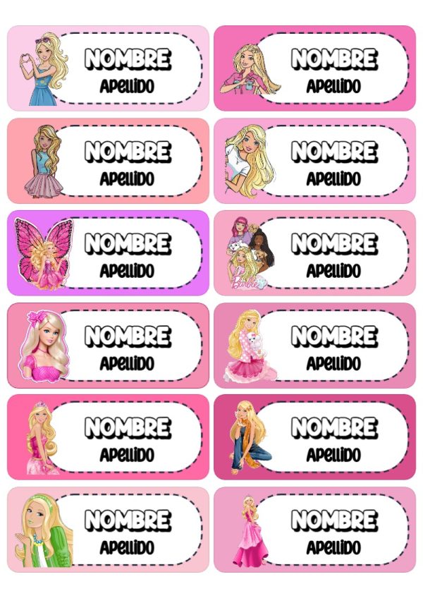 Plantilla de etiquetas escolares de BARBIE para imprimir - creación especial de Mini Canva