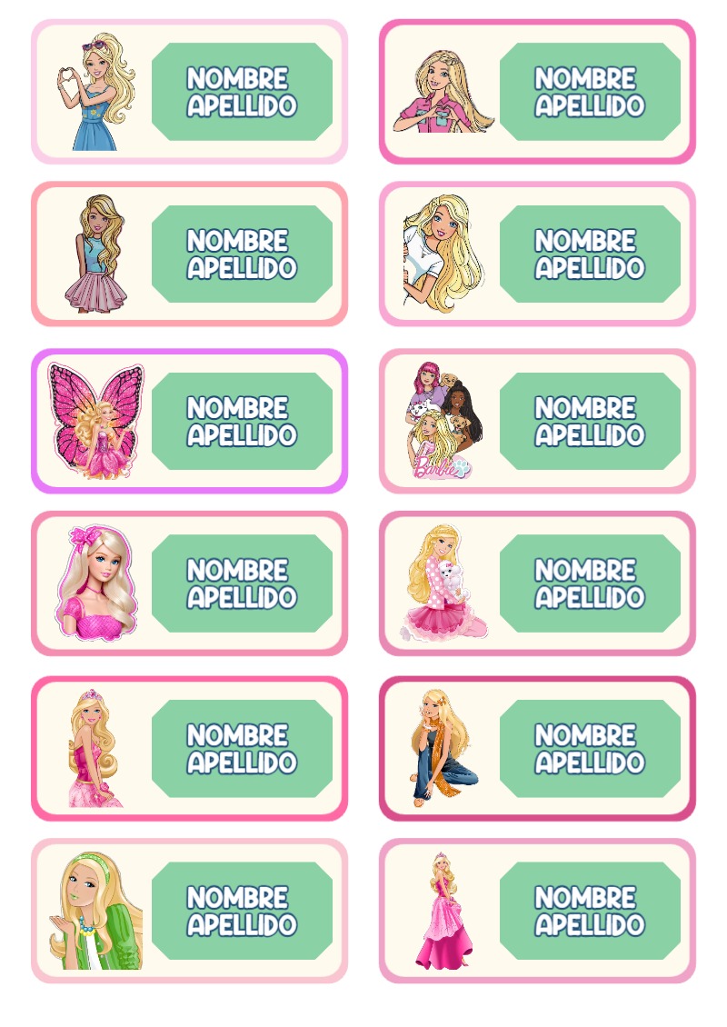 Etiquetas personalizadas de BARBIE para imprimir en A4 - diseño exclusivo y original