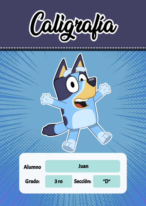 Portada de Bluey de Caligrafía para cuaderno para estudiantes - perfecto para organizar tus apuntes