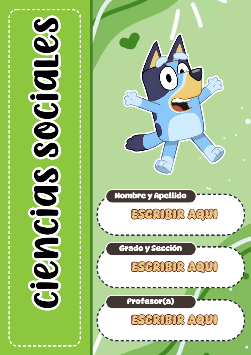Portada de Bluey de Ciencias Sociales para cuaderno fácil de imprimir - diseño exclusivo y original