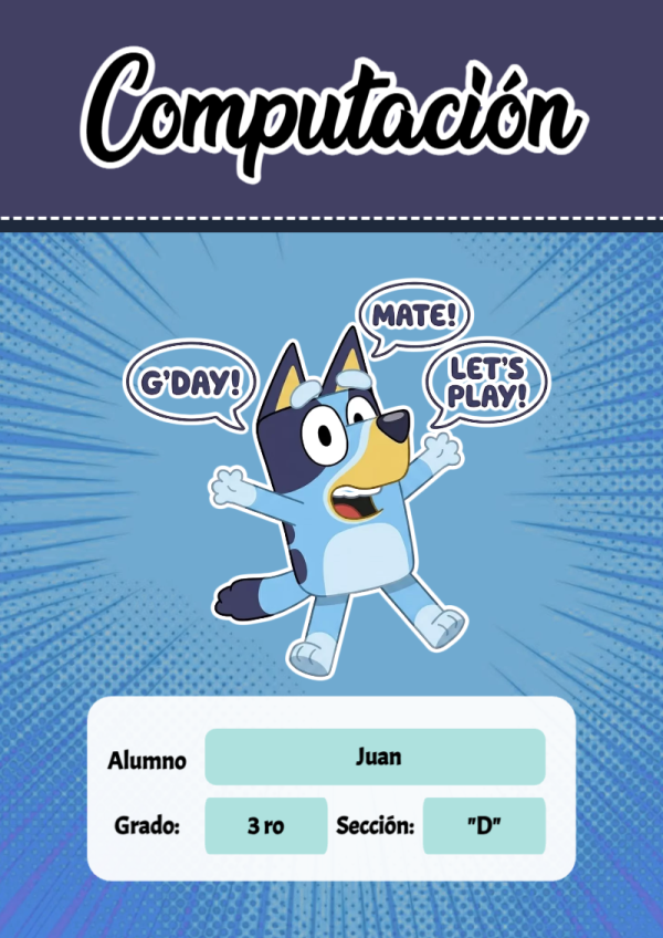 Portada de Bluey de Computación para cuaderno fácil de imprimir - creación especial de Mini Canva
