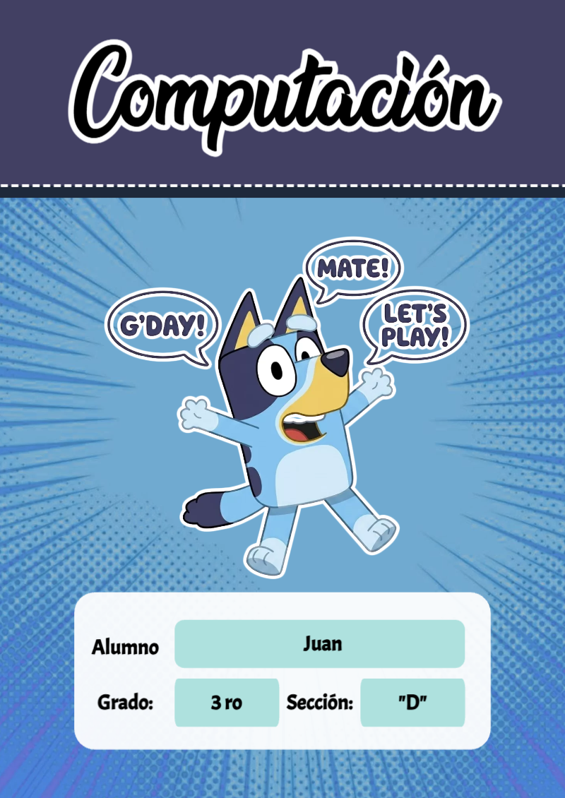 Portada de Bluey de Computación para cuaderno fácil de imprimir - creación especial de Mini Canva