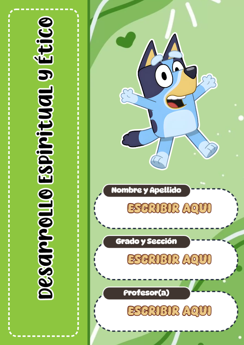 Portada de Bluey de Desarrollo Espiritual y Ético para cuaderno personalizada para imprimir - ideal para cuadernos de espiral