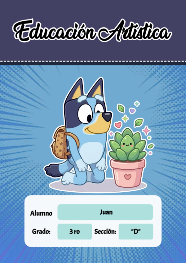 Portada de Bluey de Educación Artística para cuaderno para estudiantes - para el regreso a clases