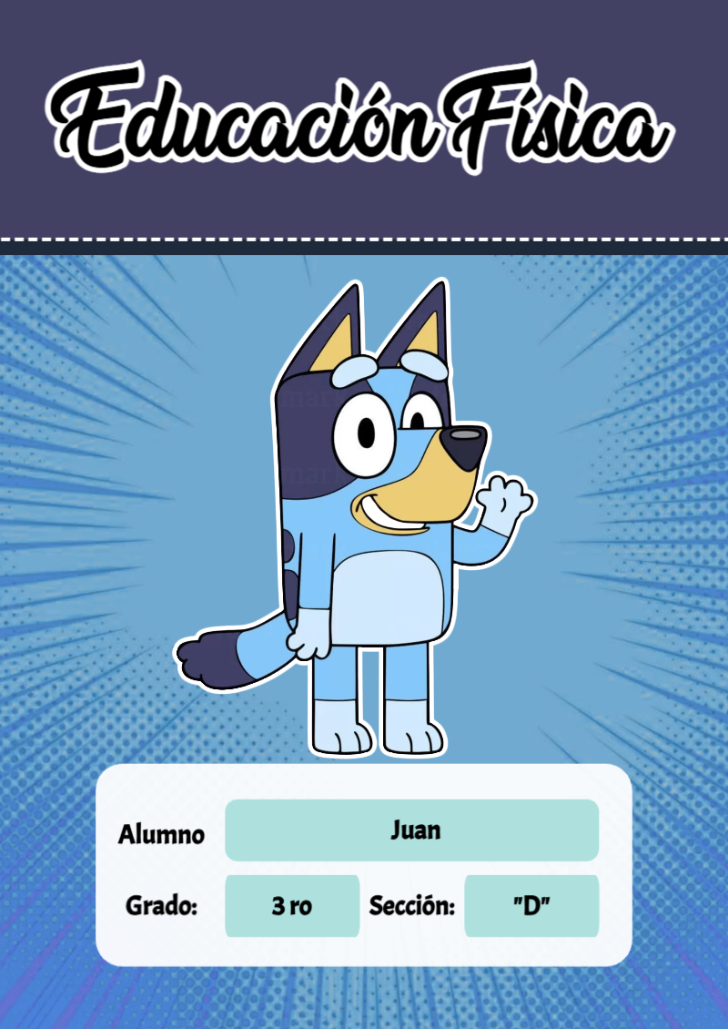 Portada de Bluey de Educación Física para cuaderno personalizada para imprimir - versión premium para imprimir