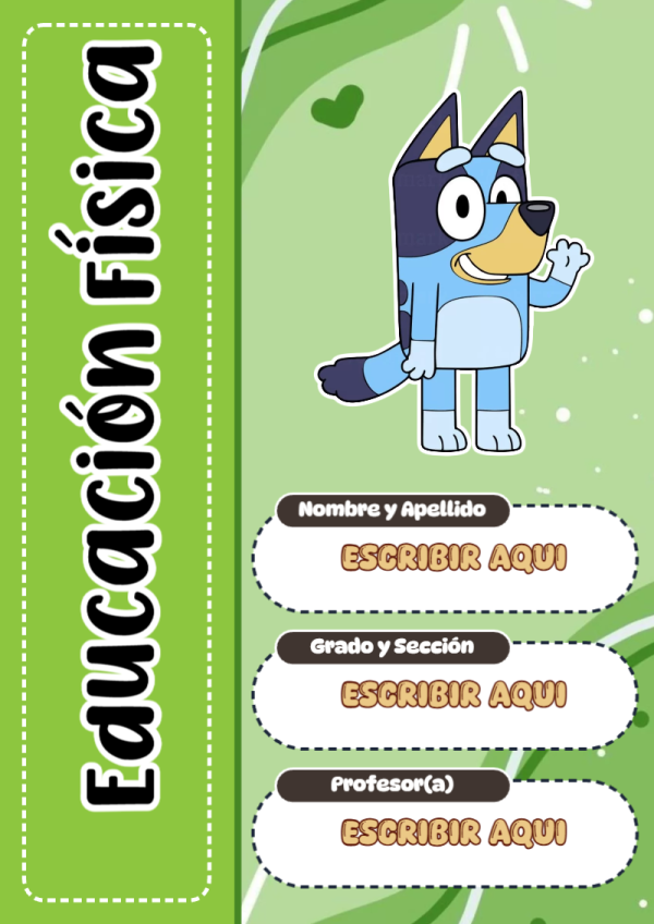 Portada de Bluey de Educación Física para cuaderno fácil de imprimir - formato digital listo para usar