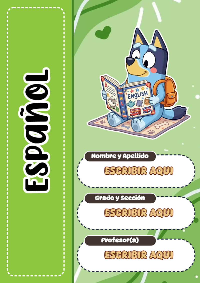 Portada de Bluey de Español para cuaderno con diseño escolar - tendencia educativa 2026