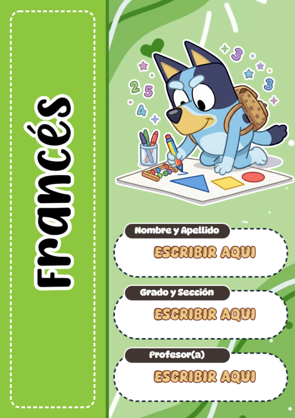 Portada de Bluey de Francés para cuaderno para primaria - con colores vivos y llamativos