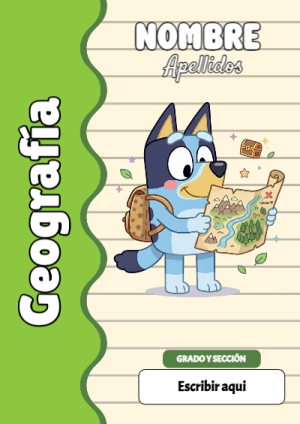Portada de Bluey de Geografía para cuaderno en tamaño A4 - versión premium para imprimir