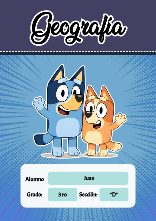 Portada de Bluey de Geografía para cuaderno en tamaño A4 - para personalizar tus materias