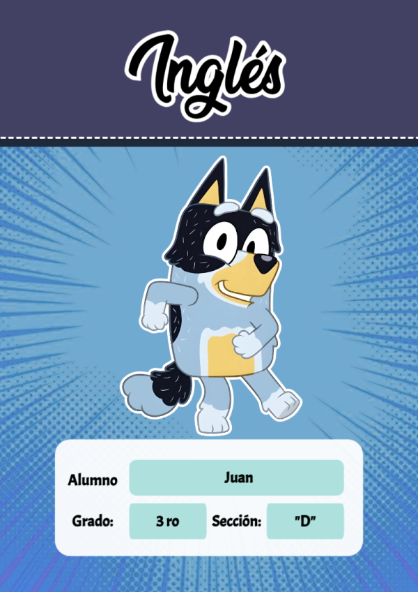Portada de Bluey de Inglés para cuaderno para niños de primaria - diseño escolar moderno
