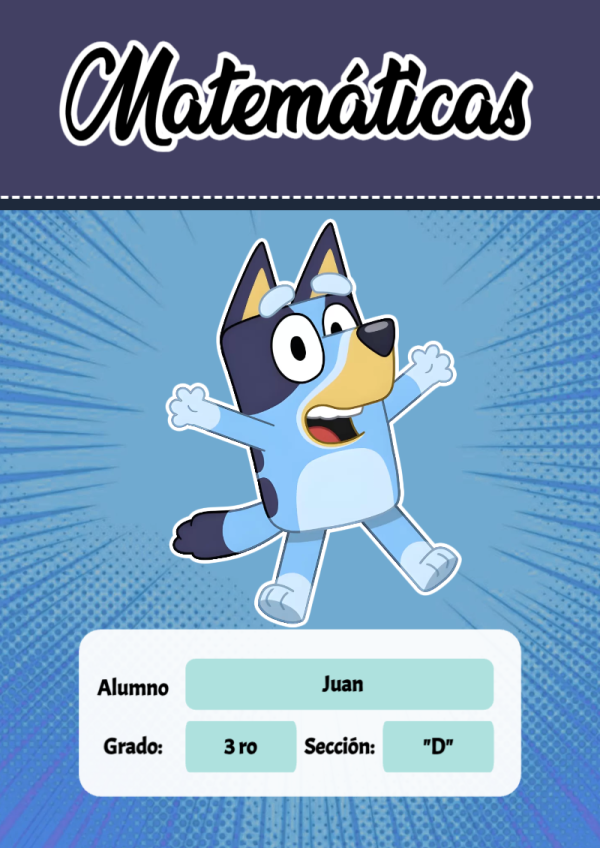 Portada de Bluey de Matemáticas para cuaderno con diseño bonito - perfecto para organizar tus apuntes