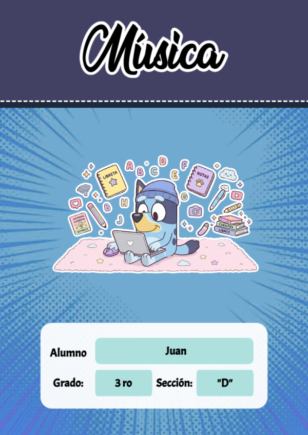 Portada de Bluey de Música para cuaderno en formato A4 - tendencia educativa 2026