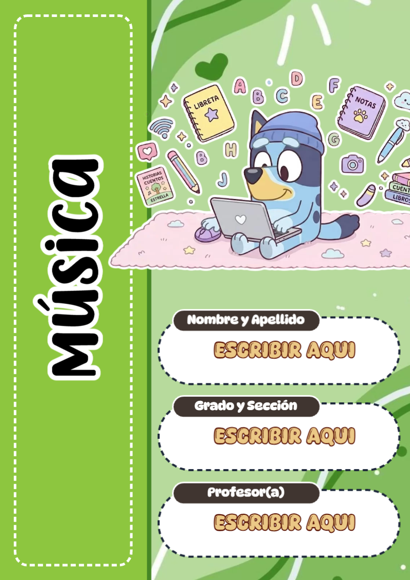 Portada de Bluey de Música para cuaderno lista para imprimir en A4 - formato digital listo para usar