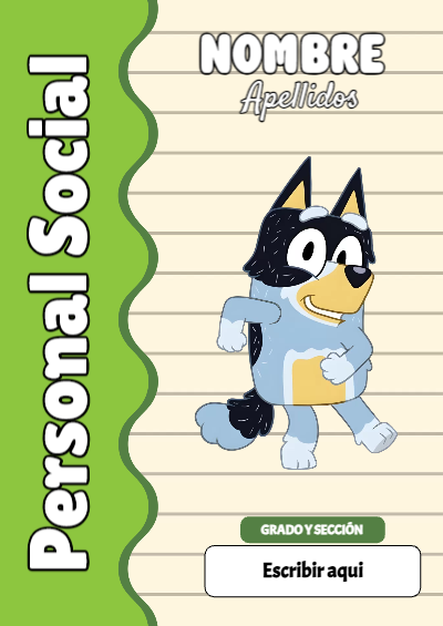 Portada de Bluey de Personal Social para cuaderno en tamaño A4 - con colores vivos y llamativos