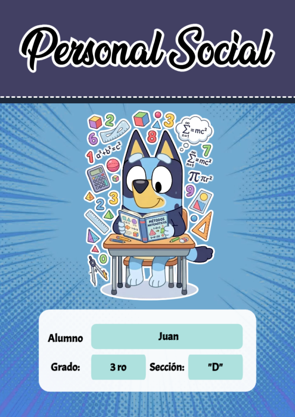 Portada de Bluey de Personal Social para cuaderno en formato A4 - con colores vivos y llamativos