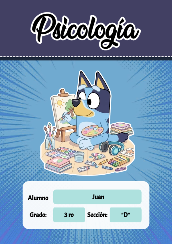 Portada de Bluey de Psicología para cuaderno con estilo creativo - versión premium para imprimir