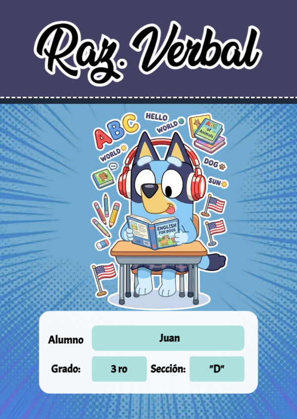 Portada de Bluey de Raz. Verbal para cuaderno escolar para imprimir gratis - tendencia educativa 2026